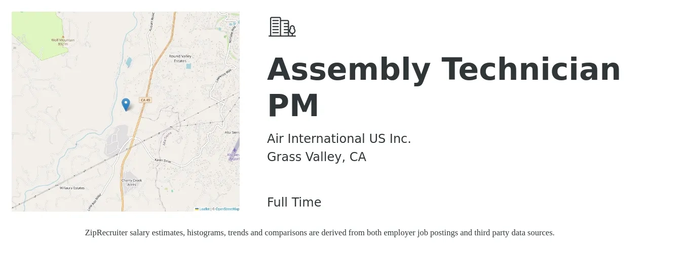 Air International US Inc. job posting for a Assembly Technician PM in Grass Valley, CA with a salary of $20 to $25 Hourly with a map of Grass Valley location.