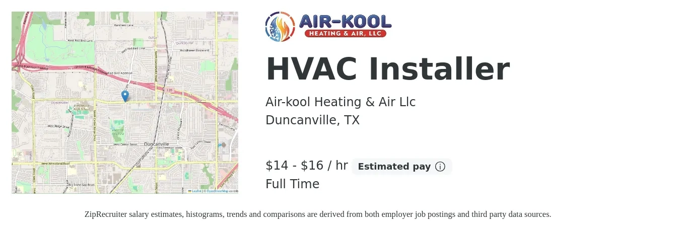 Air-kool Heating & Air Llc job posting for a HVAC Installer in Duncanville, TX with a salary of $15 to $17 Hourly with a map of Duncanville location.
