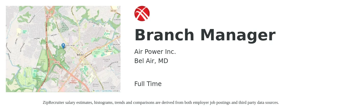 Air Power Inc. job posting for a Branch Manager in Bel Air, MD with a salary of $54,200 to $81,800 Yearly with a map of Bel Air location.