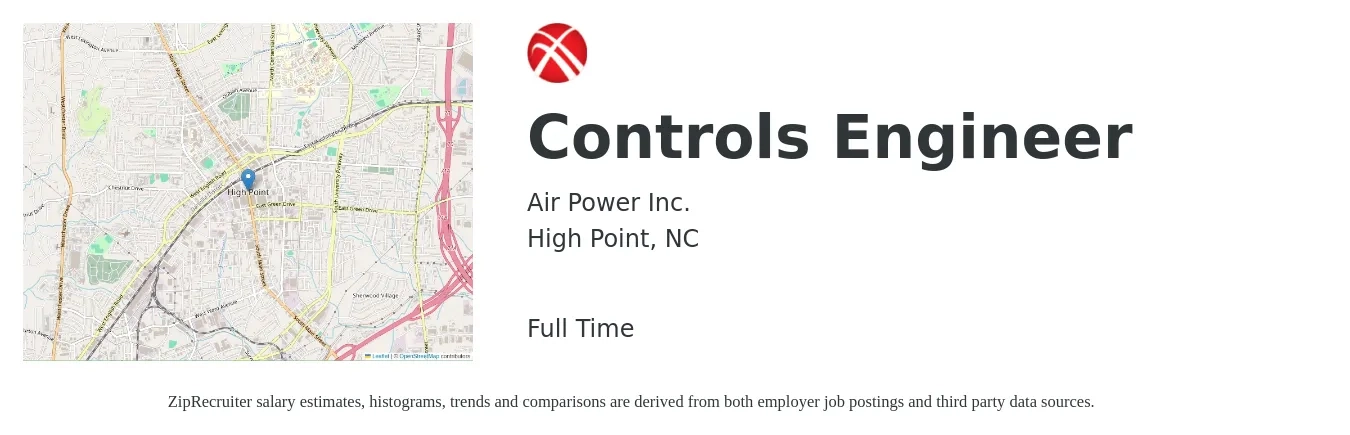 Air Power Inc. job posting for a Controls Engineer in High Point, NC with a salary of $74,500 to $96,400 Yearly with a map of High Point location.
