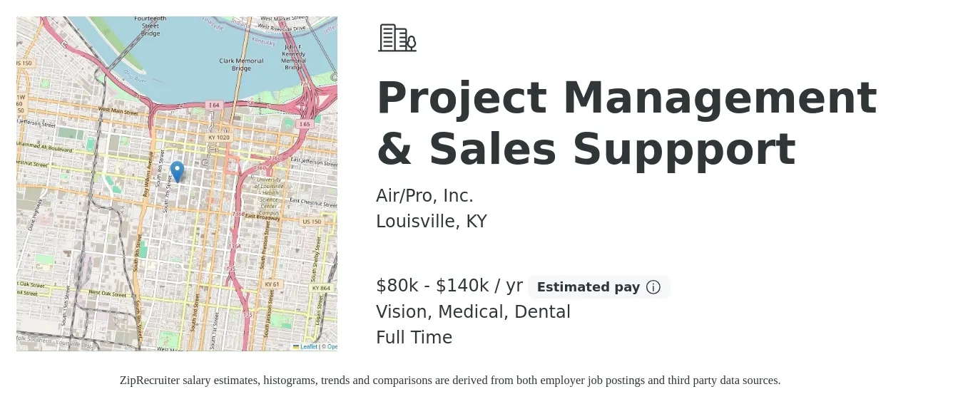 Air/Pro, Inc. job posting for a Project Management & Sales Suppport in Louisville, KY with a salary of $80,000 to $140,000 Yearly and benefits including dental, medical, retirement, and vision with a map of Louisville location.