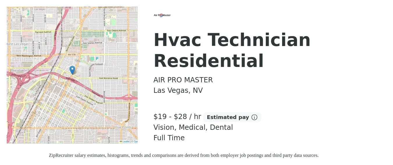 AIR PRO MASTER job posting for a Hvac Technician Residential in Las Vegas, NV with a salary of $20 to $30 Hourly (plus commission) and benefits including dental, medical, and vision with a map of Las Vegas location.