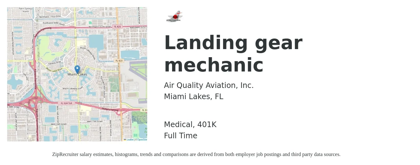 Air Quality Aviation, Inc. job posting for a Landing gear mechanic in Miami Lakes, FL with a salary of $19 to $28 Hourly and benefits including 401k, life_insurance, and medical with a map of Miami Lakes location.