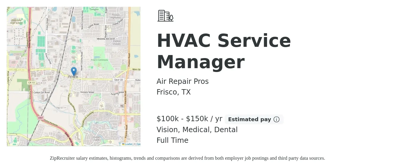 Air Repair Pros job posting for a HVAC Service Manager in Frisco, TX with a salary of $100,000 to $150,000 Yearly and benefits including life_insurance, medical, retirement, vision, and dental with a map of Frisco location.