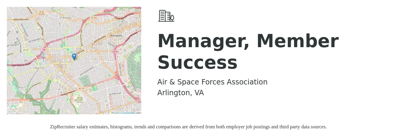 Air & Space Forces Association job posting for a Manager, Member Success in Arlington, VA with a salary of $53,100 to $78,300 Yearly with a map of Arlington location.