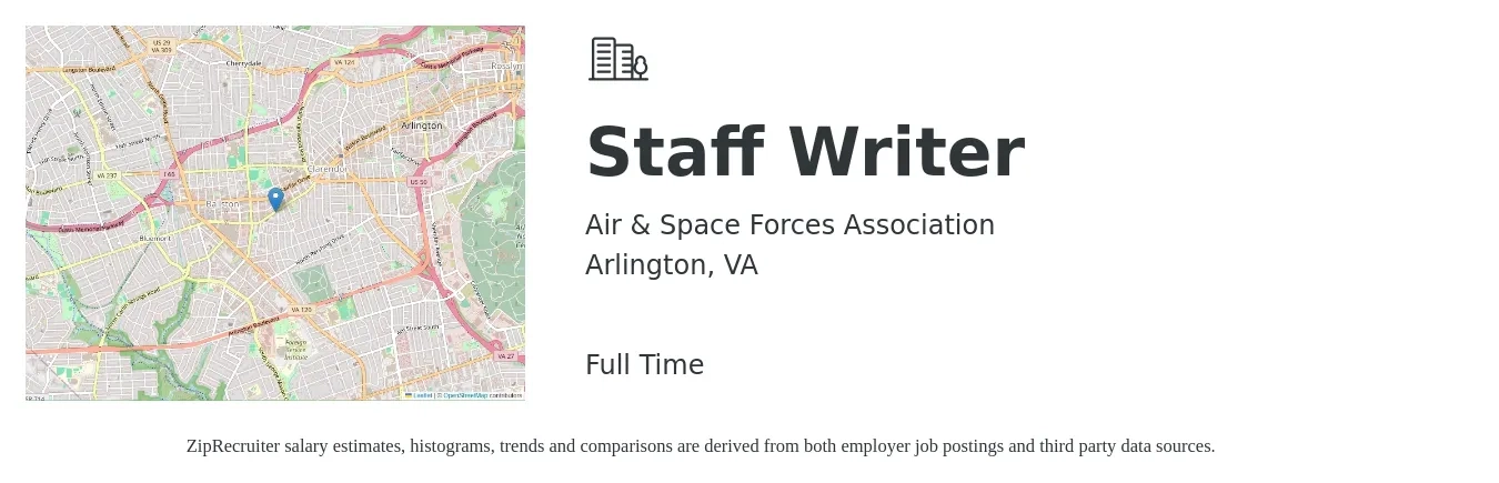 Air & Space Forces Association job posting for a Staff Writer in Arlington, VA with a salary of $53,700 to $74,300 Yearly with a map of Arlington location.