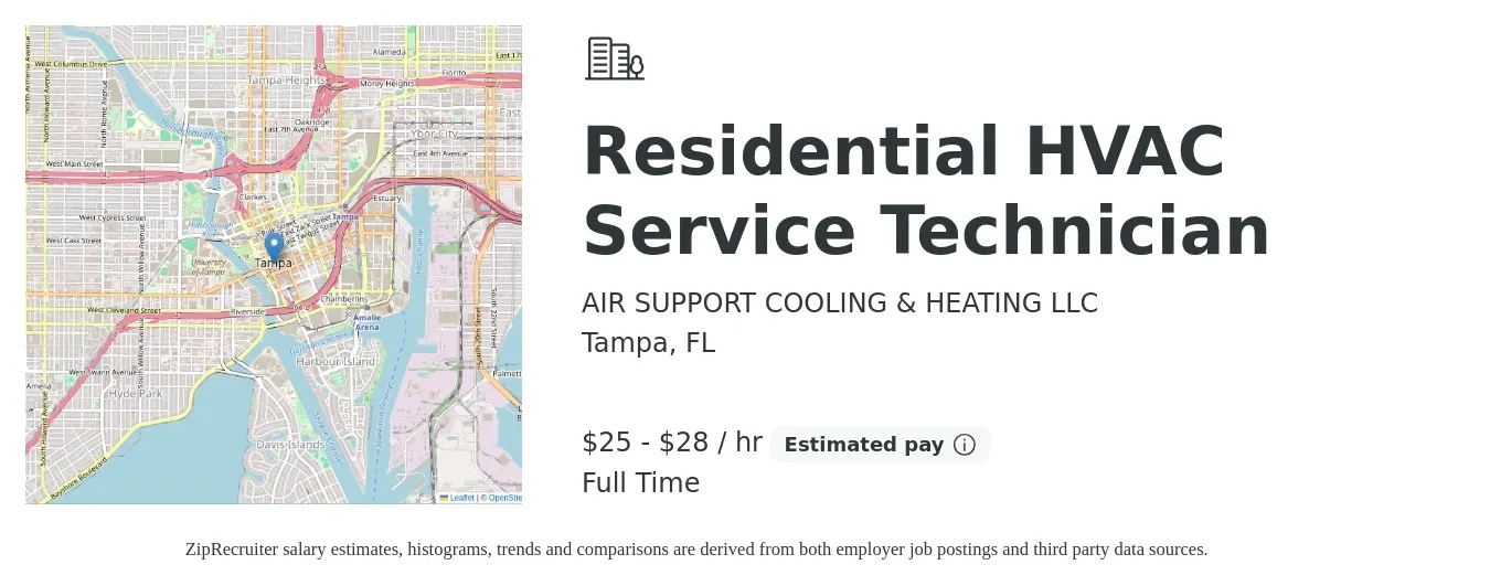 AIR SUPPORT COOLING & HEATING LLC job posting for a Residential HVAC Service Technician in Tampa, FL with a salary of $70,000 to $100,000 Yearly with a map of Tampa location.