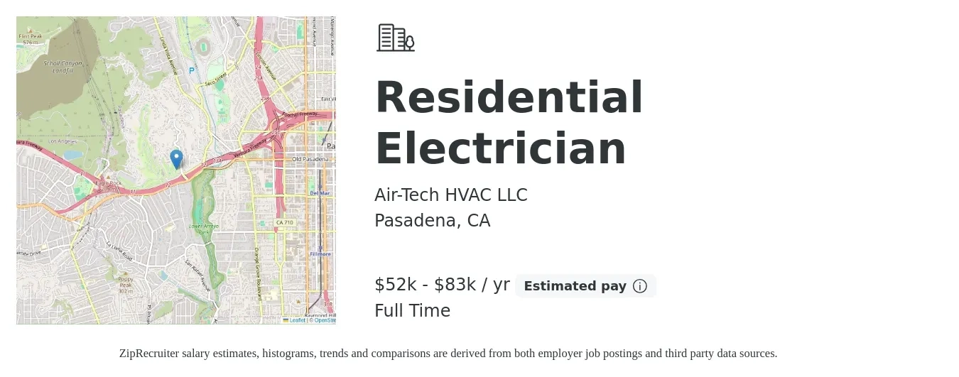 Air-Tech HVAC LLC job posting for a Residential Electrician in Pasadena, CA with a salary of $52,000 to $83,000 Yearly with a map of Pasadena location.