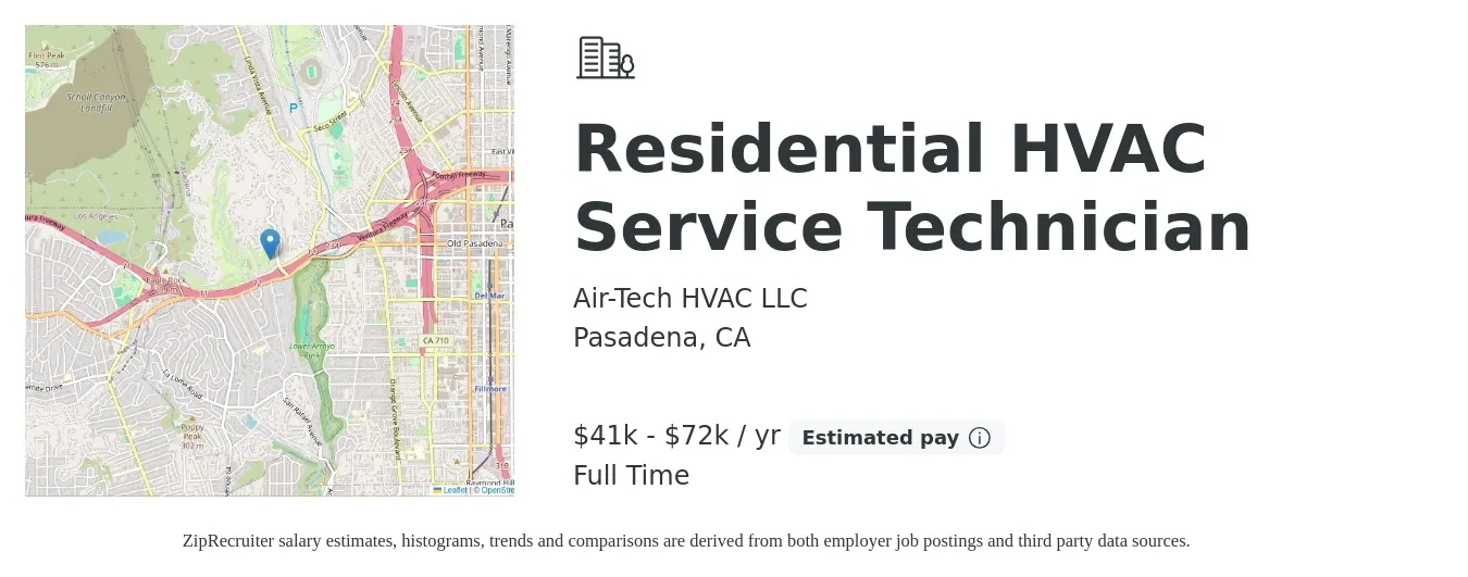 Air-Tech HVAC LLC job posting for a Residential HVAC Service Technician in Pasadena, CA with a salary of $41,600 to $72,800 Yearly with a map of Pasadena location.