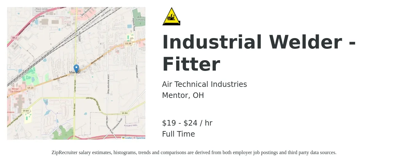 Air Technical Industries job posting for a Industrial Welder - Fitter in Mentor, OH with a salary of $20 to $25 Hourly with a map of Mentor location.