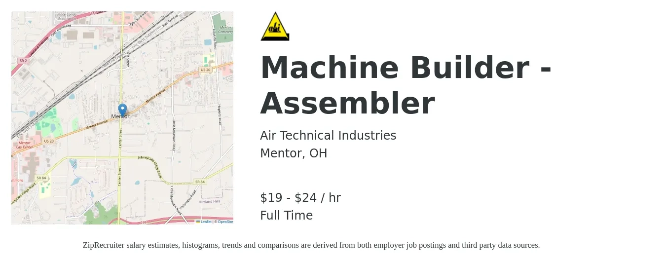 Air Technical Industries job posting for a Machine Builder - Assembler in Mentor, OH with a salary of $20 to $25 Hourly with a map of Mentor location.