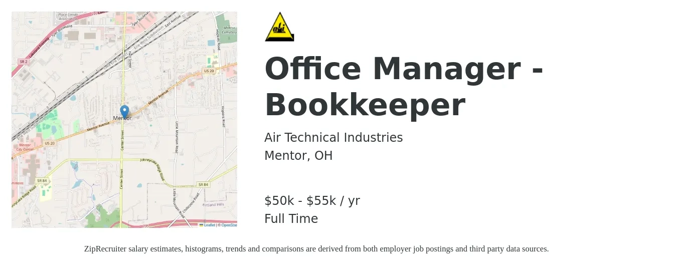 Air Technical Industries job posting for a Office Manager - Bookkeeper in Mentor, OH with a salary of $50,000 to $55,000 Yearly with a map of Mentor location.
