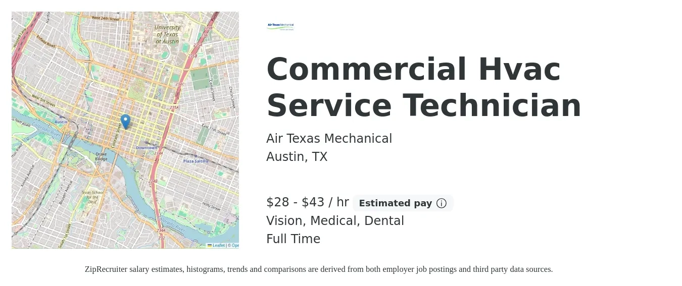 Air Texas Mechanical job posting for a Commercial Hvac Service Technician in Austin, TX with a salary of $30 to $45 Hourly and benefits including vision, dental, life_insurance, medical, pto, and retirement with a map of Austin location.