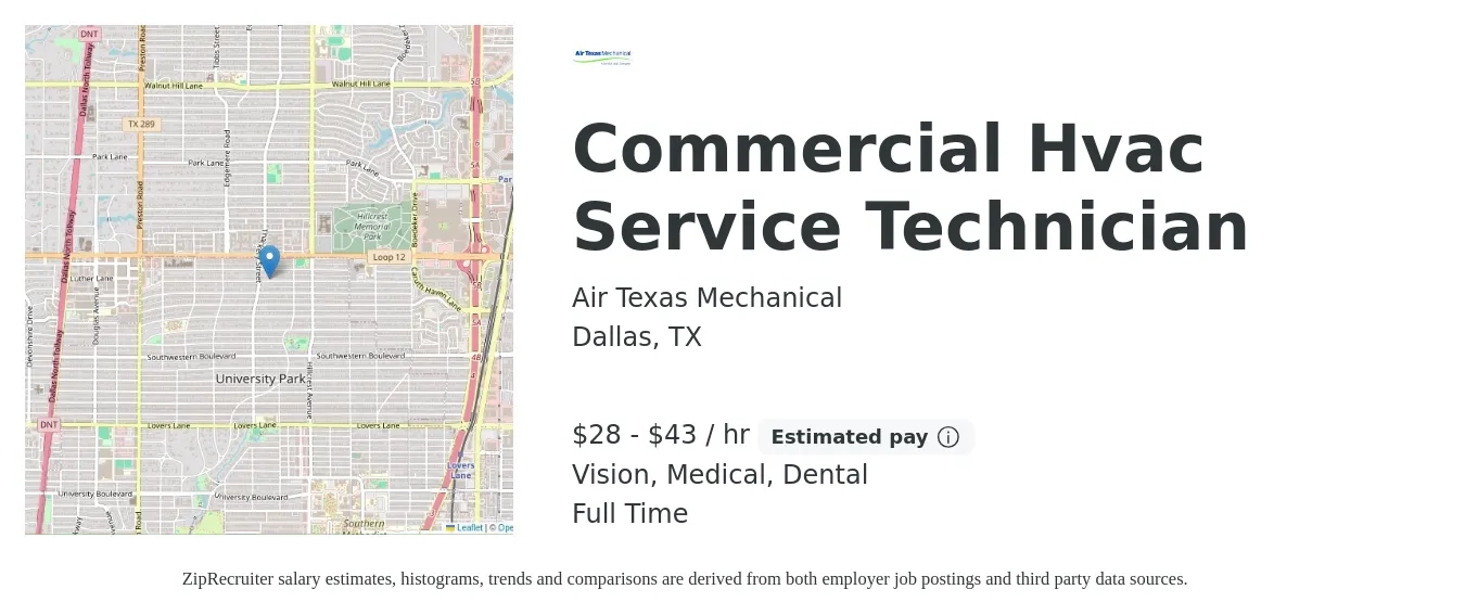 Air Texas Mechanical job posting for a Commercial Hvac Service Technician in Dallas, TX with a salary of $30 to $45 Hourly and benefits including life_insurance, medical, pto, retirement, vision, and dental with a map of Dallas location.