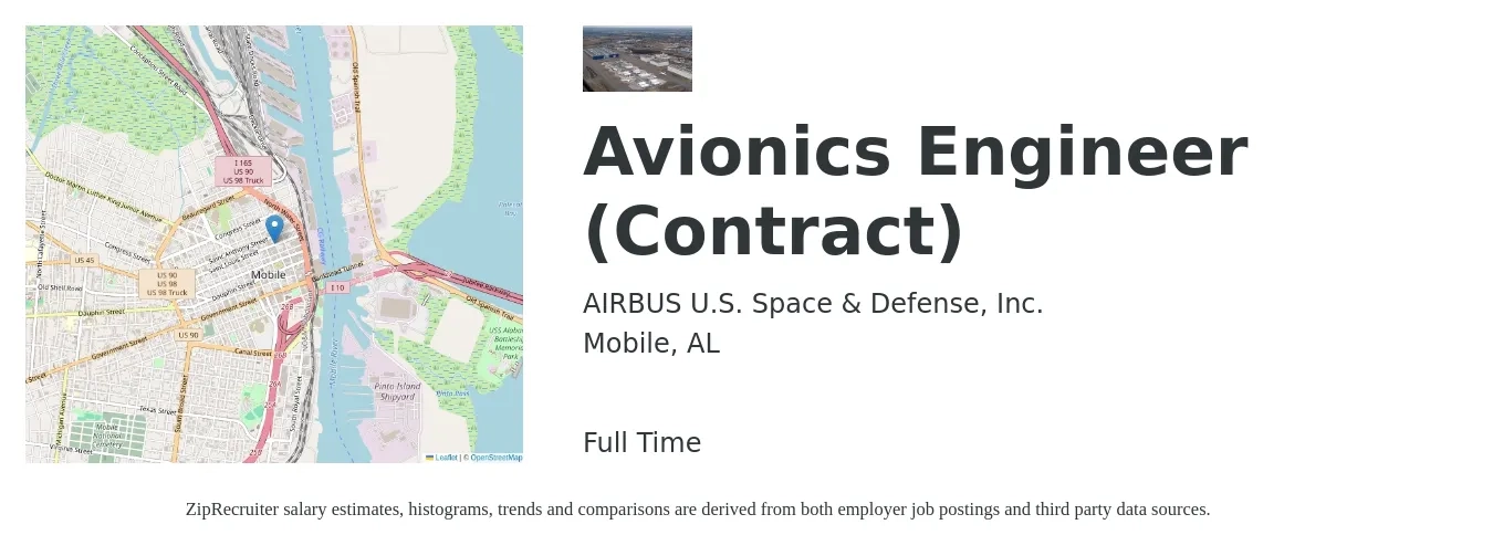 AIRBUS U.S. Space & Defense, Inc. job posting for a Avionics Engineer (Contract) in Mobile, AL with a salary of $71,900 to $112,200 Yearly with a map of Mobile location.