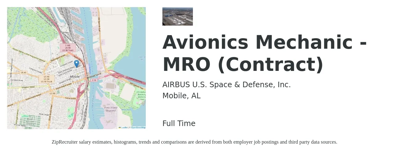 AIRBUS U.S. Space & Defense, Inc. job posting for a Avionics Mechanic - MRO (Contract) in Mobile, AL with a salary of $16 to $27 Hourly with a map of Mobile location.