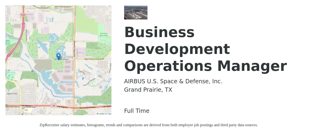 AIRBUS U.S. Space & Defense, Inc. job posting for a Business Development Operations Manager in Grand Prairie, TX with a salary of $53,200 to $87,200 Yearly with a map of Grand Prairie location.
