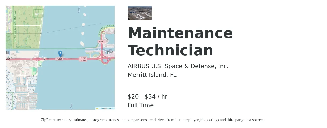 AIRBUS U.S. Space & Defense, Inc. job posting for a Maintenance Technician in Merritt Island, FL with a salary of $21 to $36 Hourly with a map of Merritt Island location.