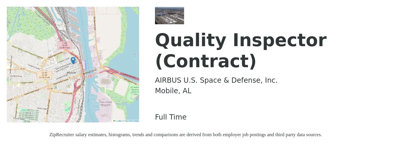 AIRBUS U.S. Space & Defense, Inc. job posting for a Quality Inspector (Contract) in Mobile, AL with a salary of $14 to $20 Hourly with a map of Mobile location.
