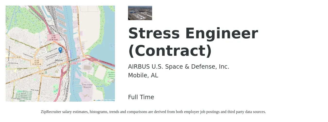 AIRBUS U.S. Space & Defense, Inc. job posting for a Stress Engineer (Contract) in Mobile, AL with a salary of $48 to $66 Hourly with a map of Mobile location.