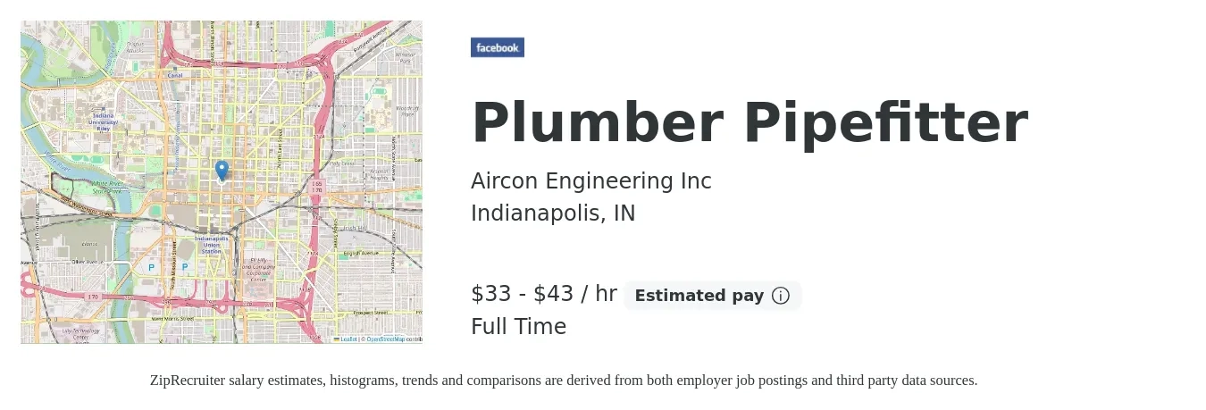 Aircon Engineering Inc job posting for a Plumber Pipefitter in Indianapolis, IN with a salary of $35 to $45 Hourly with a map of Indianapolis location.