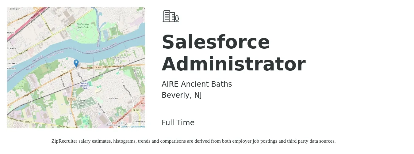 AIRE Ancient Baths job posting for a Salesforce Administrator in Beverly, NJ with a salary of $73,200 to $115,400 Yearly with a map of Beverly location.