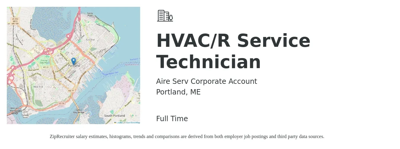 Aire Serv Corporate Account job posting for a HVAC/R Service Technician in Portland, ME with a salary of $26 to $36 Hourly with a map of Portland location.