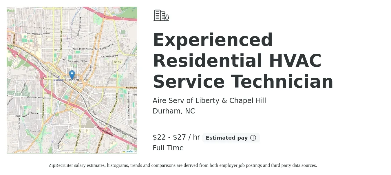 Aire Serv of Liberty & Chapel Hill job posting for a Experienced Residential HVAC Service Technician in Durham, NC with a salary of $23 to $29 Hourly with a map of Durham location.