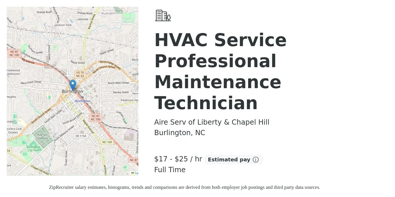 Aire Serv of Liberty & Chapel Hill job posting for a HVAC Service Professional Maintenance Technician in Burlington, NC with a salary of $18 to $26 Hourly with a map of Burlington location.