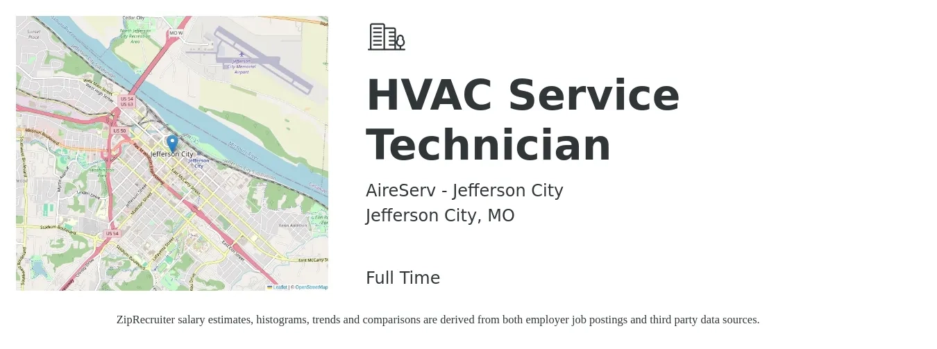 AireServ - Jefferson City job posting for a HVAC Service Technician in Jefferson City, MO with a salary of $24 to $33 Hourly with a map of Jefferson City location.