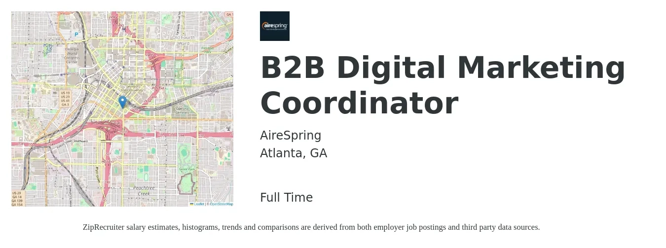 AireSpring job posting for a B2B Digital Marketing Coordinator in Atlanta, GA with a salary of $42,800 to $56,300 Yearly with a map of Atlanta location.