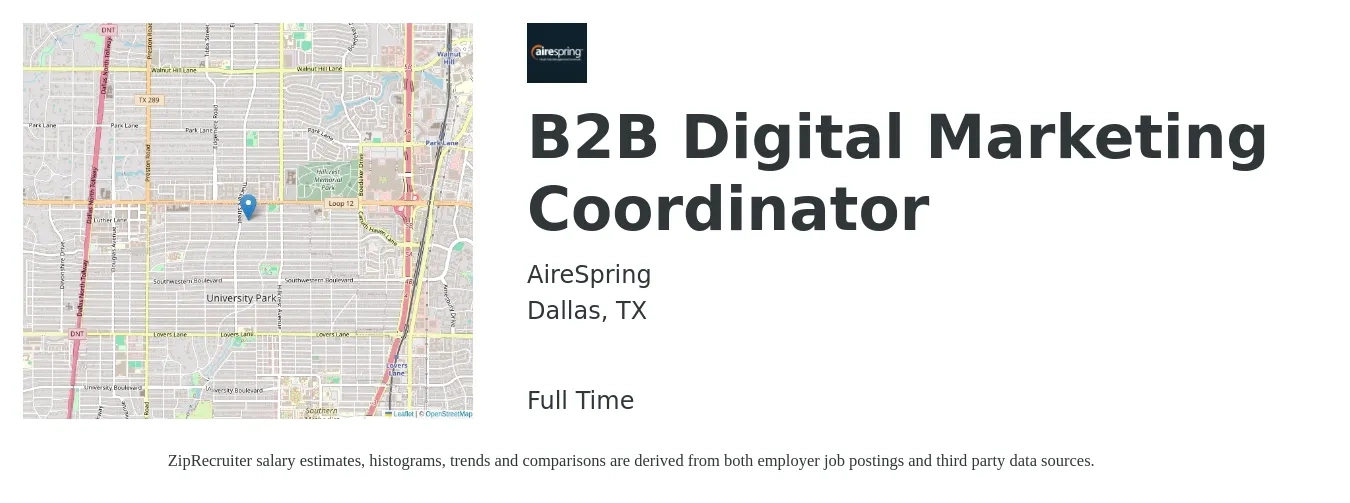 AireSpring job posting for a B2B Digital Marketing Coordinator in Dallas, TX with a salary of $44,000 to $57,900 Yearly with a map of Dallas location.
