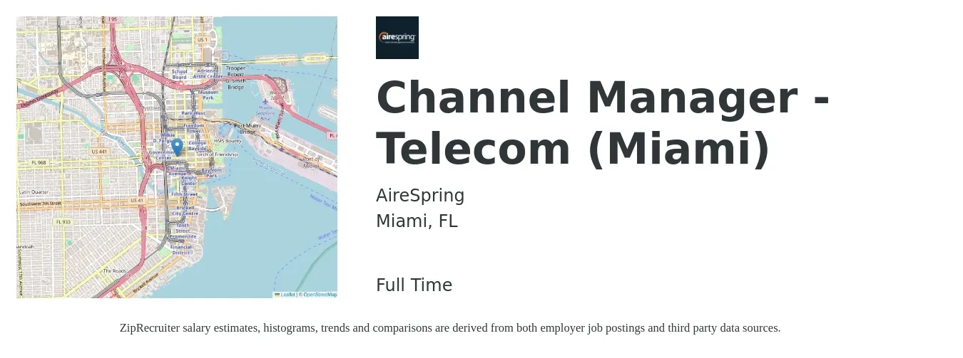 AireSpring job posting for a Channel Manager - Telecom (Miami) in Miami, FL with a salary of $145,400 to $146,300 Yearly with a map of Miami location.
