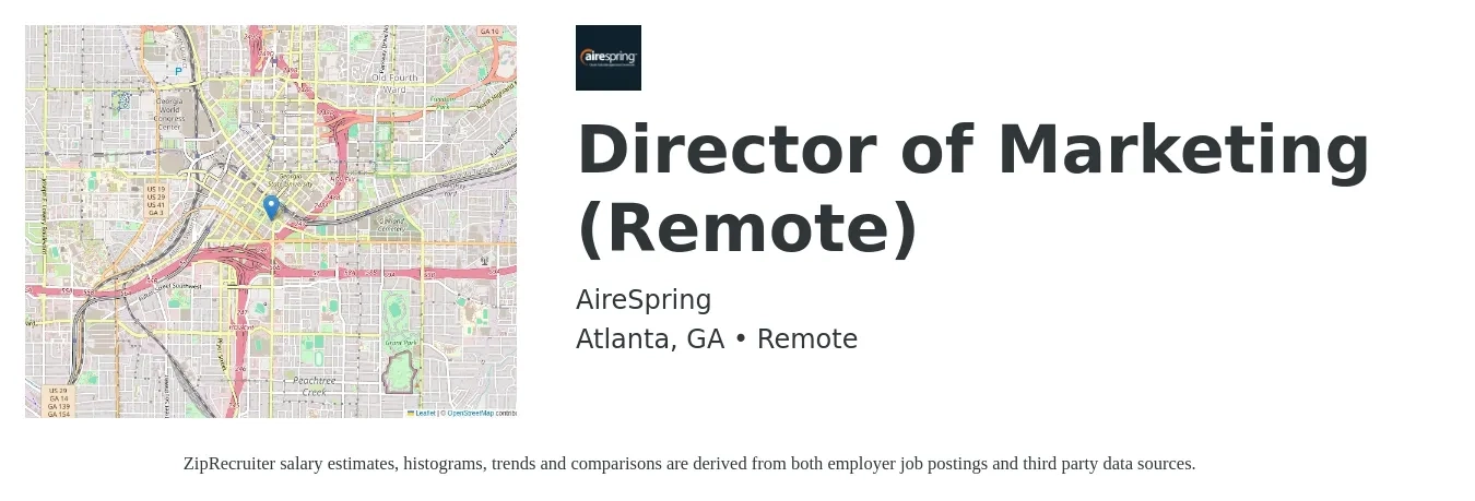 AireSpring job posting for a Director of Marketing (Remote) in Atlanta, GA with a salary of $68,800 to $126,500 Yearly with a map of Atlanta location.