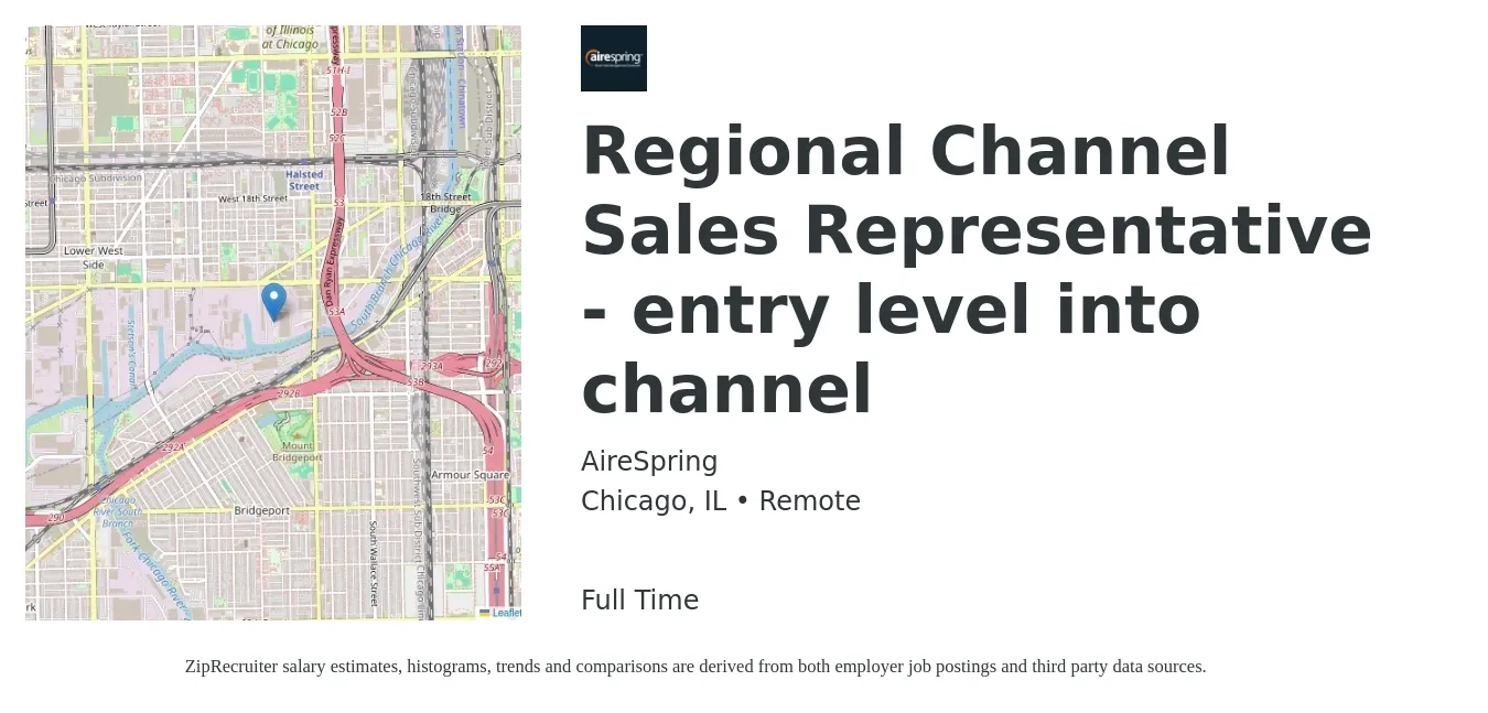 AireSpring job posting for a Regional Channel Sales Representative - entry level into channel in Chicago, IL with a salary of $48,000 to $56,000 Yearly with a map of Chicago location.
