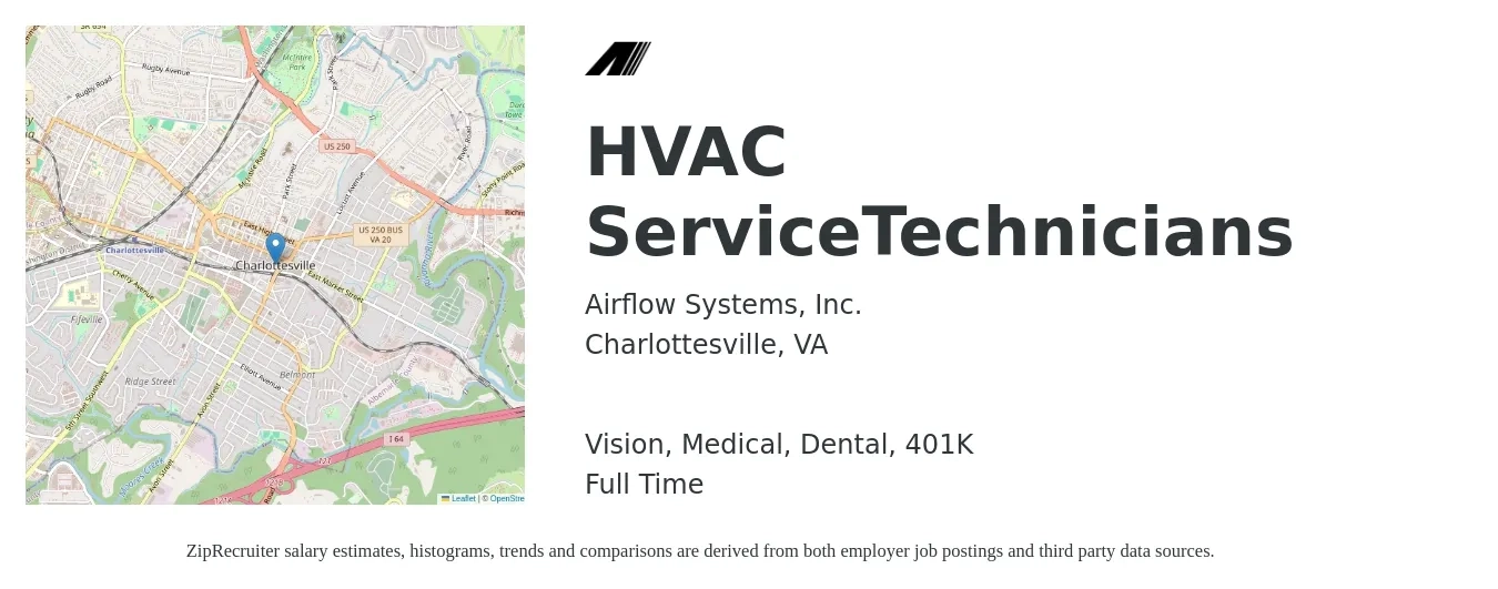 Airflow Systems, Inc. job posting for a HVAC ServiceTechnicians in Charlottesville, VA with a salary of $25 to $35 Hourly and benefits including medical, vision, 401k, dental, and life_insurance with a map of Charlottesville location.