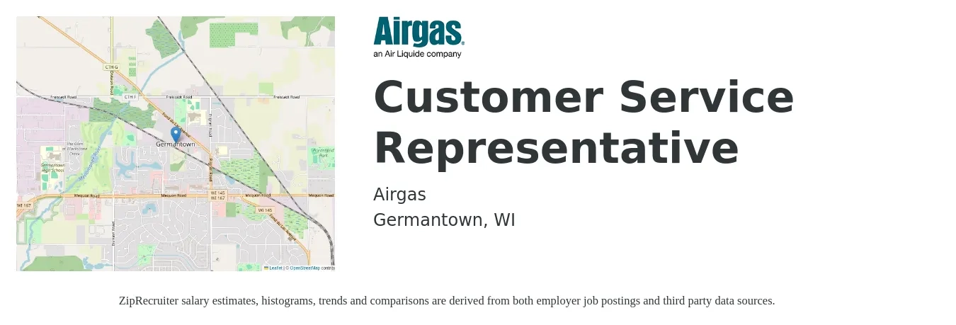 Airgas job posting for a Customer Service Representative in Germantown, WI with a salary of $16 to $22 Hourly with a map of Germantown location.