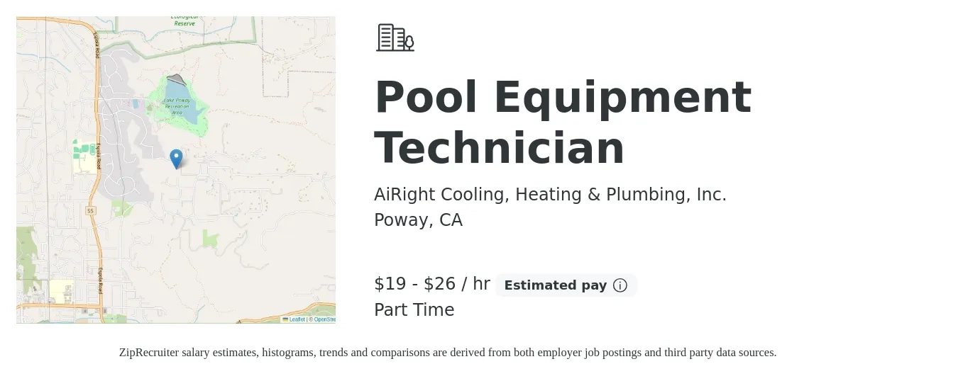 AiRight Cooling, Heating & Plumbing, Inc. job posting for a Pool Equipment Technician in Poway, CA with a salary of $20 to $28 Hourly with a map of Poway location.