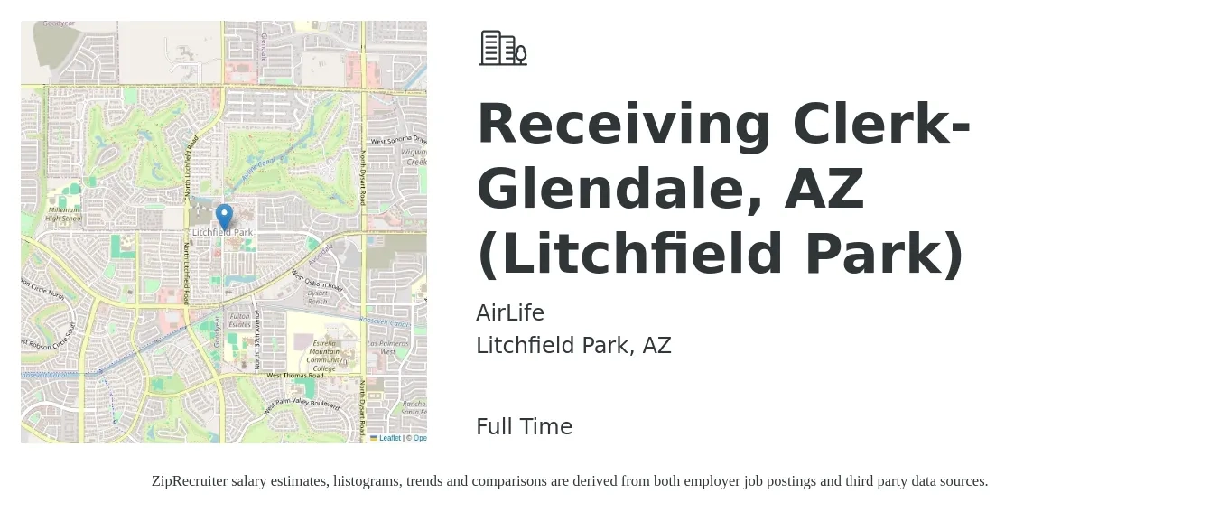 AirLife job posting for a Receiving Clerk- Glendale, AZ (Litchfield Park) in Litchfield Park, AZ with a salary of $16 to $19 Hourly with a map of Litchfield Park location.