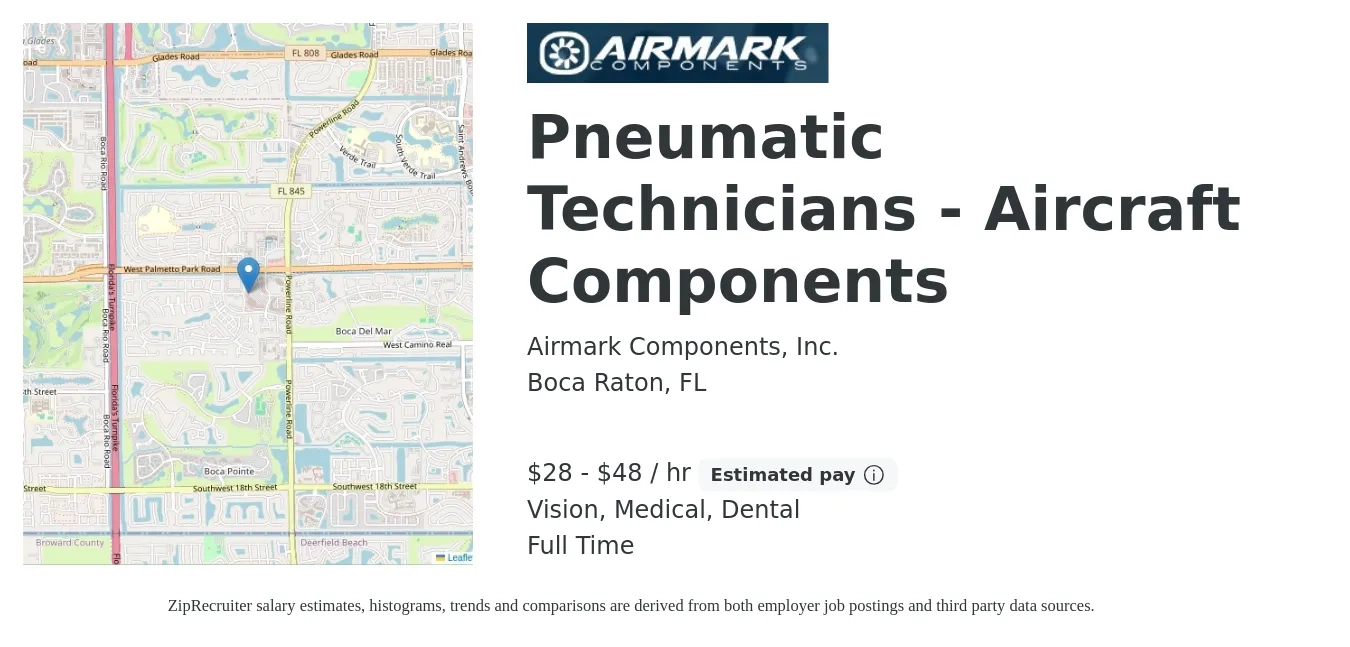 Airmark Components, Inc. job posting for a Pneumatic Technicians - Aircraft Components in Boca Raton, FL with a salary of $30 to $50 Hourly and benefits including dental, medical, pto, and vision with a map of Boca Raton location.