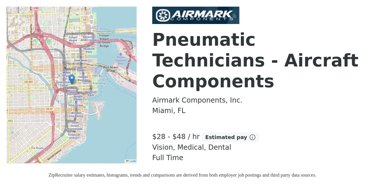 Airmark Components, Inc. job posting for a Pneumatic Technicians - Aircraft Components in Miami, FL with a salary of $30 to $50 Hourly and benefits including dental, medical, pto, and vision with a map of Miami location.
