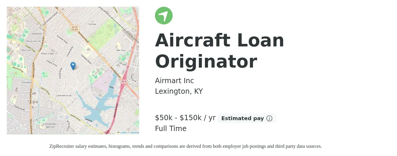 Airmart Inc job posting for a Aircraft Loan Originator in Lexington, KY with a salary of $50,000 to $150,000 Yearly with a map of Lexington location.