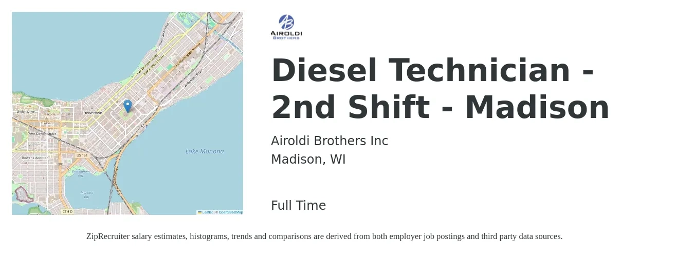 Airoldi Brothers Inc job posting for a Diesel Technician - 2nd Shift - Madison in Madison, WI with a salary of $27 to $37 Hourly with a map of Madison location.