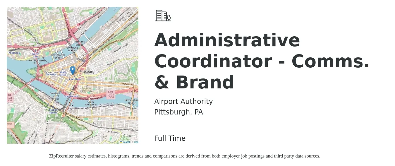 Airport Authority job posting for a Administrative Coordinator - Comms. & Brand in Pittsburgh, PA with a salary of $19 to $26 Hourly with a map of Pittsburgh location.