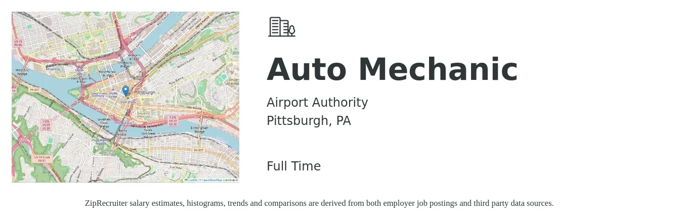Airport Authority job posting for a Auto Mechanic in Pittsburgh, PA with a salary of $21 to $29 Hourly with a map of Pittsburgh location.