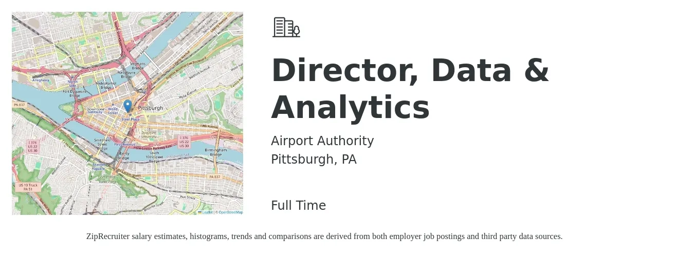Airport Authority job posting for a Director, Data & Analytics in Pittsburgh, PA with a salary of $106,500 to $171,100 Yearly with a map of Pittsburgh location.