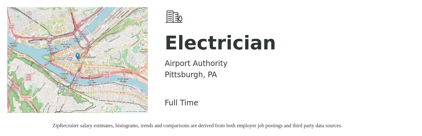 Airport Authority job posting for a Electrician in Pittsburgh, PA with a salary of $24 to $32 Hourly with a map of Pittsburgh location.