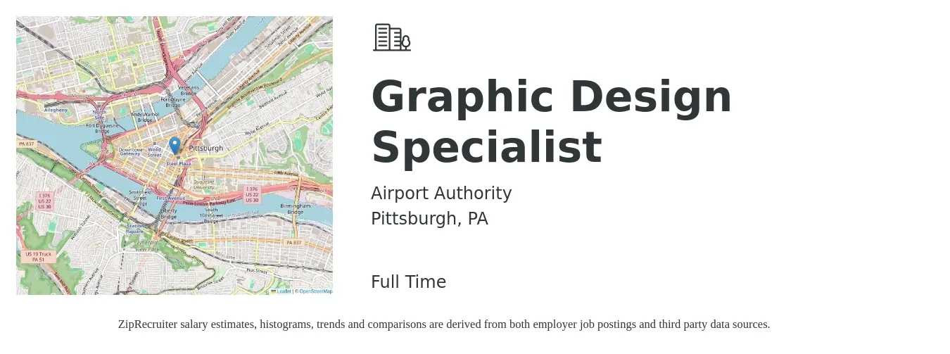 Airport Authority job posting for a Graphic Design Specialist in Pittsburgh, PA with a salary of $18 to $26 Hourly with a map of Pittsburgh location.