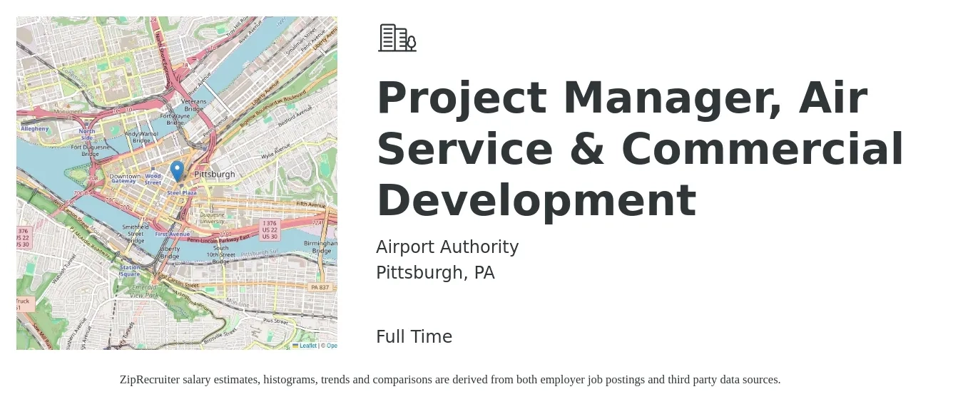 Airport Authority job posting for a Project Manager, Air Service & Commercial Development in Pittsburgh, PA with a salary of $71,300 to $113,100 Yearly with a map of Pittsburgh location.