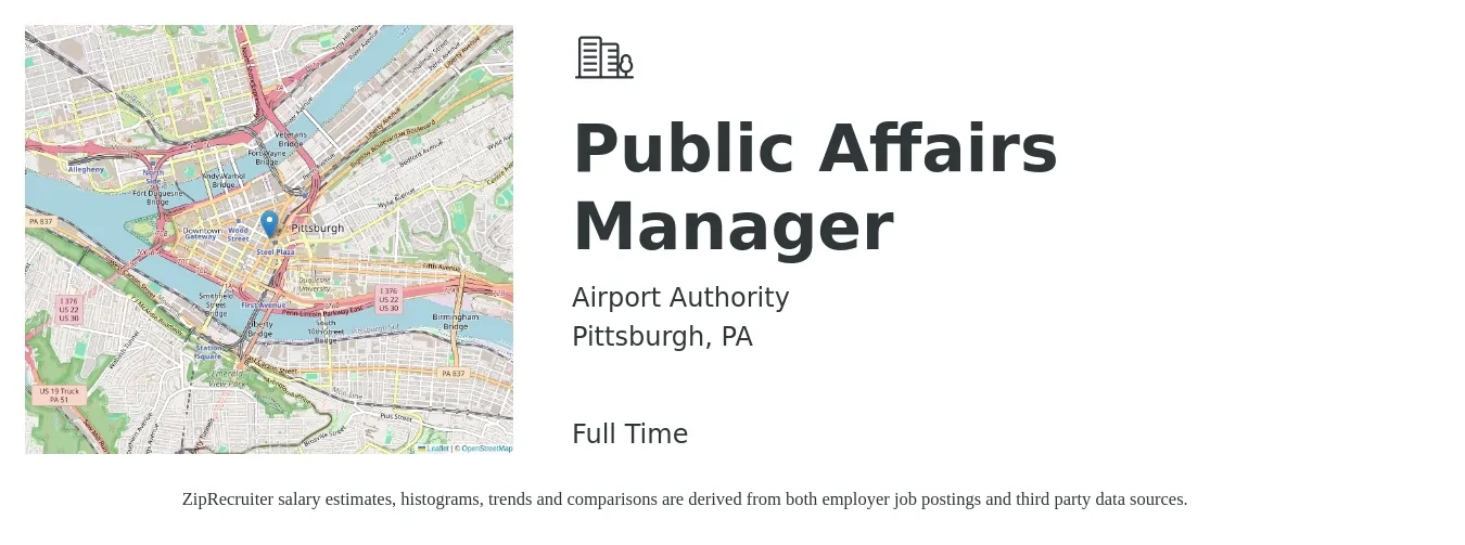 Airport Authority job posting for a Public Affairs Manager in Pittsburgh, PA with a salary of $65,600 to $112,700 Yearly with a map of Pittsburgh location.